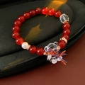 Elegant red agate bead bracelet featuring a clear crystal bear charm and pearl detail - 11# Bracelet - Gold and Red