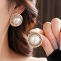 Close-up of vintage oval pearl earrings with gold woven border and silver chain link details - 6# Silver Earring Post / Gold