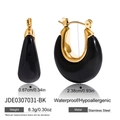 U-shaped stainless steel earrings with black onyx-style inlay, waterproof and hypoallergenic - Glossy Black (JDE0307031-BK)