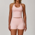 Pink halter yoga set with high waist shorts for fitness and athletic wear - S / Peach Pink (Top+Shorts)