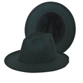 Flat brim wool fedora hat in dark forest green with metal buckle leather band accessory - Thickened Hardened Dark Green