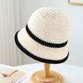 Women's summer breathable crochet bucket hat in beige with black wavy stripe accents - M(56-58cm) / Contrast Wave Edge (5640) / White