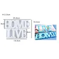 Silicone mold for HOME LIVE lettering resin art, includes dimensions and blue finished product - Home Live