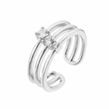 Close-up of silver-tone three-layer open ring with three round cubic zirconia stones - Silver White Hollow