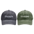 Detail of washed cotton baseball caps in dark grey and olive with Grandma Grandpa embroidery - Adult(56-60cm) / Black Grandpa + Dark Green Grandma