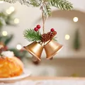 Christmas decoration bells with green pine needles, red berries and mini pinecones - Double Bells / Golden Double Bells