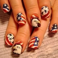 Close-up of USA flag nails featuring red stripes, blue stars and bald eagle design - Bald Eagle Flag Style (CW537) / Yellow Jelly Glue + Nail File
