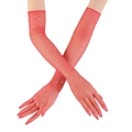 Detail of long red mesh gloves with sparkling rhinestones and elbow length fishnet - One Size / Red Fingerless Rhinestone