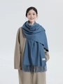 Elegant blue thick cashmere scarf for women with tassels and stylish brand label - Wool Style / 200x70cm / Grey Blue