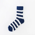 Chaussettes rayées bleu marine et blanc en polaire corail texture pelucheuse - Taille unique / Bleu Gris/Rayé Blanc