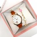 Cat dial quartz watch with leather strap and gold moon bracelet in a pink gift box - Watch + Bracelet + Gift Box / Brown