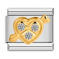 Italian modular stainless steel charm with gold heart and arrow featuring clear gemstones - Gold Diamond Surface Style (0759)