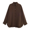 Flat lay of brown long sleeve shirt with loose fit curved hem and button-down collar - XS / Coffee