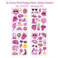 Set de tatouages temporaires rose fluo style Y2K avec cœurs et motifs de tigre - Ensemble GL001-004