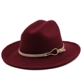 Detail of burgundy wool fedora with a beige leather strap and gold metallic buckle - M(56-58cm) / Burgundy