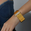 Golden honeycomb hollow wide cuff bracelet with zircon and white shell inlay on wrist - Gold Color White Shell Bangle