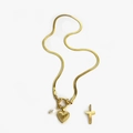 Golden snake chain necklace featuring heart and cross pendants with a white pearl accent - Gold - Letter T