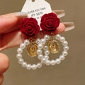 Vintage velvet red rose earrings with pearl ring drop and 925 silver studs - 62# Velvet Rose Artificial Pearl Hoop / Red/White