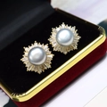 Elegant 8-9mm grey freshwater pearl stud earrings with sparkling sunburst zircon border - Grey Pearl Gold Base