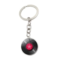 Portachiavi disco vinile vintage con anello in metallo argento e simbolo di stella rosa - Disco Stella Rossa
