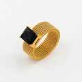 Golden mesh titanium steel ring featuring a large rectangular black zircon gemstone - US 7 / Black