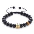 Macro view of black agate beads and brown tiger eye stone with golden cubic zirconia charm - Letter I-Black Agate Bracelet