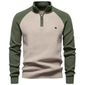 Herren Strickpullover mit halbem Reißverschluss in Armeegrün und Beige Farbkombination - S / Khaki Patchwork (Y835)