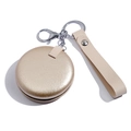 Mini portable folding round golden leather keychain mirror with matching wrist strap - Large (7.3cm) / Light gold