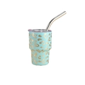 Turquoise stainless steel 3oz tumbler with gold leopard pattern and metal straw - Light Blue Leopard Print