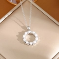 Elegant silver titanium steel necklace featuring a circular pearl and diamond pendant - 6264 Silver Circle Pearl