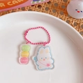 Cute white bunny acrylic keychain with colorful Rich Happy Lucky charms and pink bead chain - Happy Rabbit