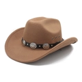 Classic brown felt Western cowboy hat with leather band and vintage metal ornaments - M (56-58cm) / Khaki