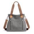 Minimalist grey canvas tote bag with brown straps and double front zipper pockets - 35cm x 32cm x 12cm / Gray