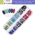 Detail view of 12-grid nail art rhinestones set with dark green, blue, and red crystals - Mixed Dark Colors Set (06)
