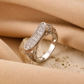 Silver bow ring with rectangular pavé zircons and heart hollow detailing - Silver U-Shape Hollow Heart Ring (A-1362)