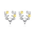 Élégantes boucles d'oreilles renne en finition bicolore argent et or pour femmes - Clou Bois Fleur Jaune (11053) / Argent Brillant Fleur Jaune