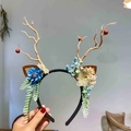 Serre-tête bois de renne de Noël avec fleurs bleues et baies vertes pour décoration - Serre-tête Branche De Noël-Fleur Bleue