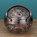 Bronze sphere ashtray featuring embossed Chinese dragon and cloud patterns with lid - Red Copper Dragon Blessing