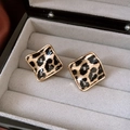 Vintage square stud earrings with leopard print enamel and gold metal frame - 40# Gold - Leopard Square (Silver Earring Post)