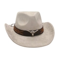 Beige faux suede western cowboy hat featuring a silver bull head metal buckle decoration - Gray