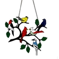 Detail of colorful stained glass birds perched on a branch window hanging ornament - 6 Birds