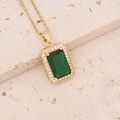 Gold necklace with emerald cut green gemstone pendant and diamond halo on stone - Emerald Cut Rectangular Necklace (6#)