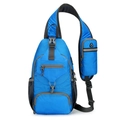 Close-up of blue nylon chest bag with headphone port and durable grid texture details - Sapphire Blue