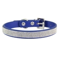 Royal blue faux leather pet collar with four rows of shiny rhinestones and silver buckle - Dark Blue