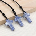 Handcrafted blue sodalite natural stone cross necklace with black woven cord - Blue Spot Jasper