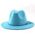 Close-up of cyan faux felt fedora hat featuring woven cord decoration with fringe tassels - M (56-58cm) / Lake Blue