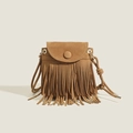 Retro brown suede crossbody bag with fringe tassels and rope shoulder strap detail - Brown