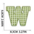 Detailed dimensions of letter W embroidery patch with green and white checkerboard pattern - Letter W