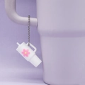 Miniature white PVC cup keychain with pink flower charm and silver beaded metal chain - Keychain / White Flower Cup with Bead Chain