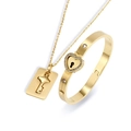 Titanium steel interlocking heart lock and key jewelry set in polished gold finish - With Diamond Square Tag / Gold